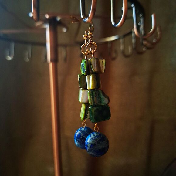 Green Shell Jasper Drop Earrings: Gold Plated Stainless Steel Hooks - Picture 14 of 15